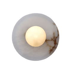 Blot Wall Sconce front view: mottled white stone dome with brass finish
