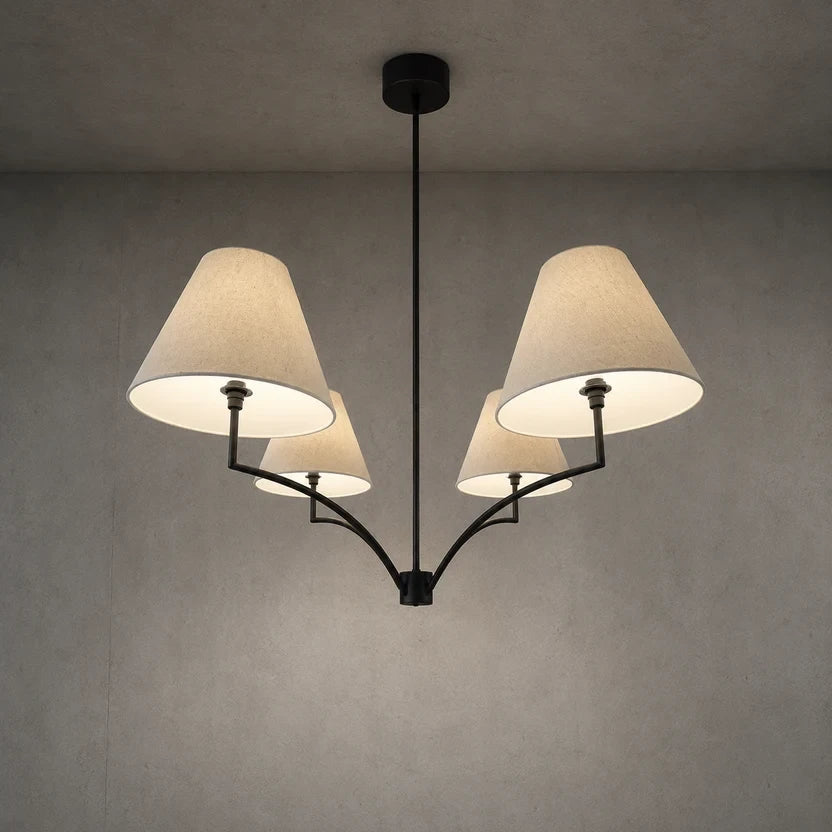 Windsor Branch Chandelier - low-angle view of cream tapered shades and black branching arms