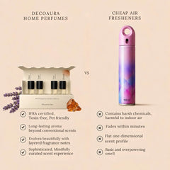 Room Perfume Discovery Set: The Mood - Decoaura vs Cheap Air Freshener Comparison Graphic with Open Gift Box, Lavender & Amber