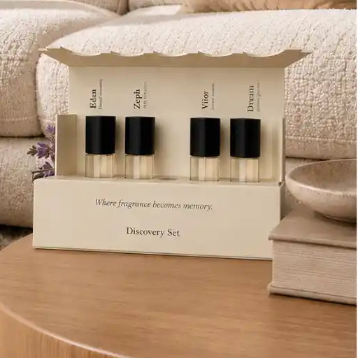Room Perfume Discovery Set: The Mood - Open Cream Gift Box with Four Black-Capped Glass Vials on Wooden Table, Living Room Setting