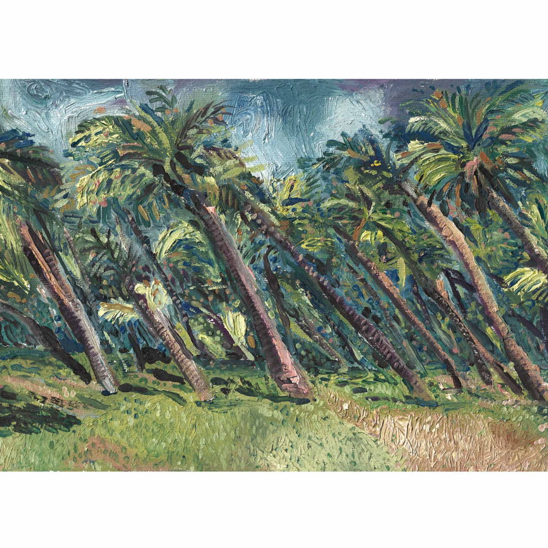 A vibrant painting of palm trees with blue sky and greenery in the background.