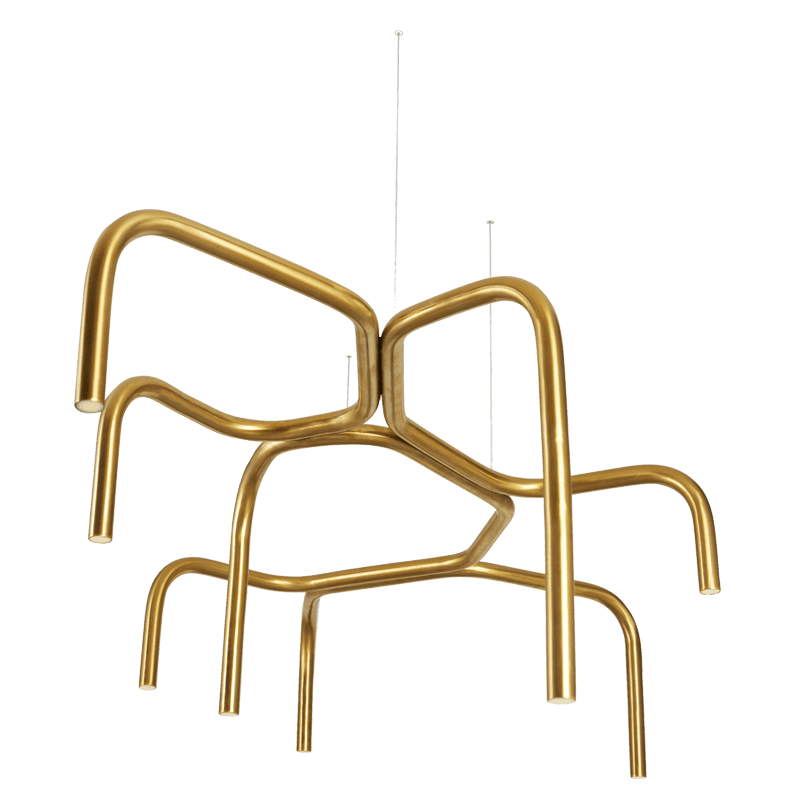 A gold-colored chandelier with a unique branch-like design, consisting of multiple curved rods arranged in a asymmetric pattern, with lighting fixtures at the ends.