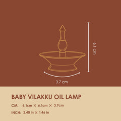Baby Vilakku Oil Lamp dimension diagram, 6.1 x 6.1 x 3.7 cm, line drawing on brown background