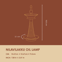 Nilavilakku Oil Lamp dimension diagram with height and base measurements, line drawing on brown background