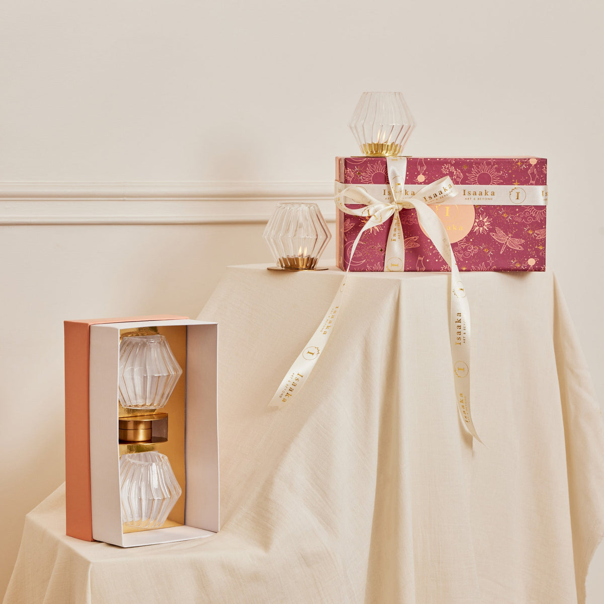 Decorative gift box with Kandeel glass votive including a gold plated metal plate, set of 2
