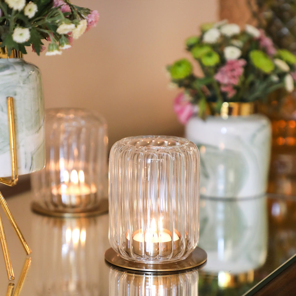 Diwali Votive: cylindrical chimney accompanied by a gold plated t-light plate