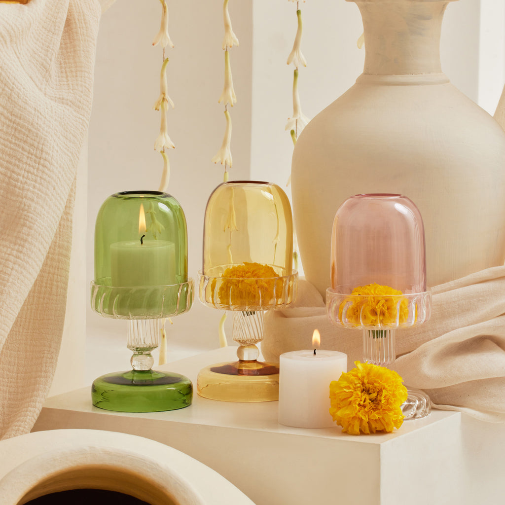 Glass Candle Holder with three color 
variants