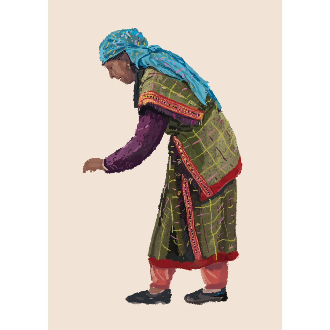 A colorful artistic depiction of a art print capturing woman in traditional attire performing a dance pose.