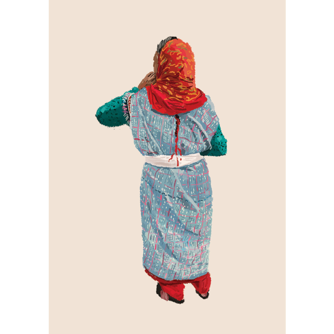 The abstract art print capturing women in winter attire of the northern hills