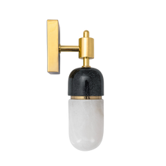 A capsule wall light fixture with a black marble and alabaster stone capsule, polished brass gold metal finish and a G4 LED bulb.