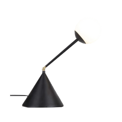 A black Esferra Table Lamp with a conical base and a spherical lampshade, featuring a brass adjustment joint.