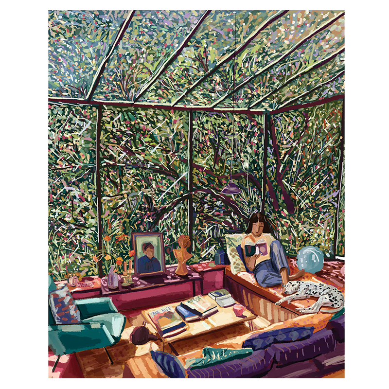 A vibrant acrylic art painting featuring a room with a greenhouse-like structure and a person sitting in the room with a book.