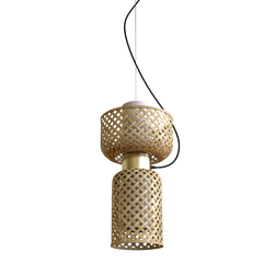 A contemporary bamboo ceiling pendant lamp with a gold-colored base and a linen fabric shade, equipped with a ceiling cap and a steel cable.