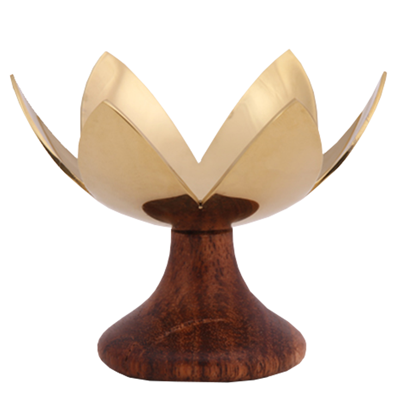 Lotus Blossom - A brass tea light holder designed to resemble a lotus flower, with petals shaped leaves and a wood finish base.