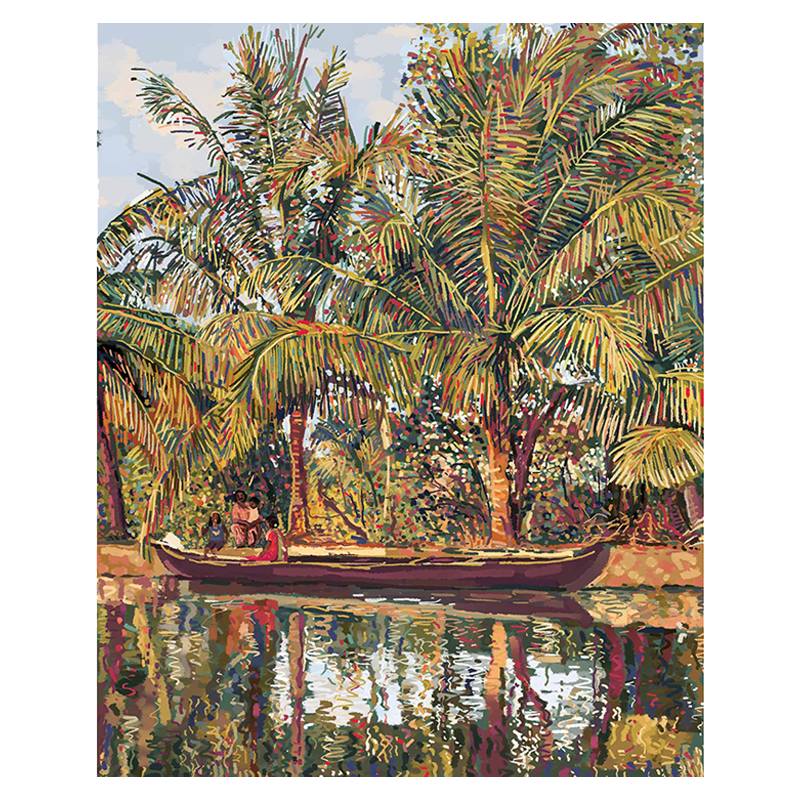 A fine art Giclee print of an acrylic painting depicting a scene with palm trees and a boat.