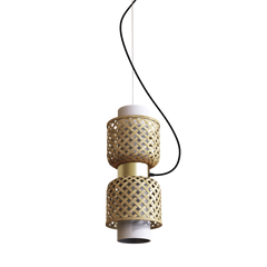 A bamboo ceiling lamp with a geometric pattern, suspended by a black cable