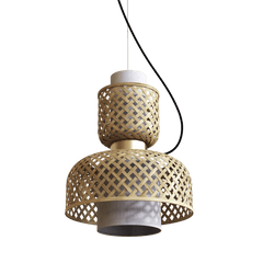 A bamboo ceiling lamp with a geometric patterned shade, suspended by a black cable, with a complimentary 5 watt LED bulb.