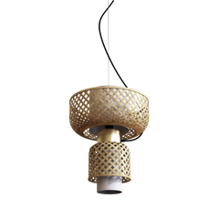 A contemporary pendant lamp with a bamboo base and a gold-colored linen fabric shade, suspended by a black ceiling cap.