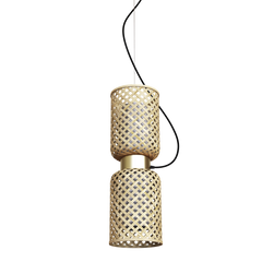 A contemporary pendant lamp with a bamboo base and a linen fabric, featuring a brass finished steel cable and a black ceiling cap.