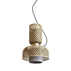 A bamboo ceiling lamp with a geometric pattern, featuring a black ceiling cap and suspended by a black cable, against a white background.