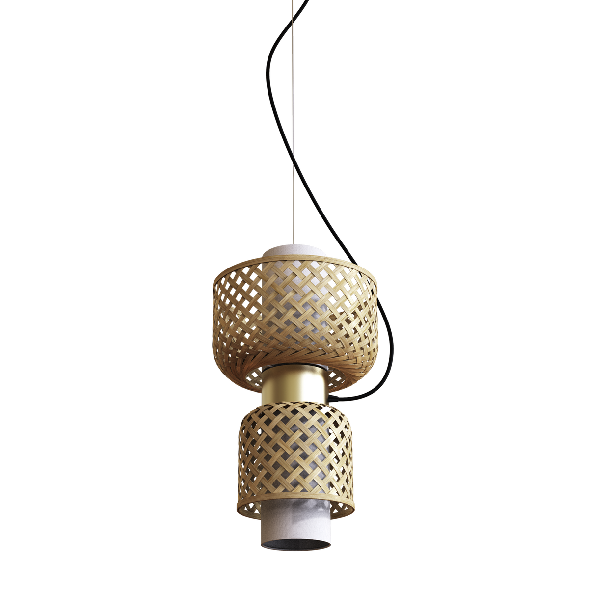 A contemporary bamboo ceiling pendant lamp with a matt black finish and brass finished steel cable.
