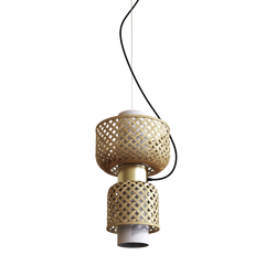 A contemporary bamboo ceiling pendant lamp with a matt black finish and brass finished steel cable.