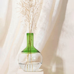 A two-toned glass Iris Vase with a green upper part and clear lower part, containing some dry flowers, set against a draped white curtain background.