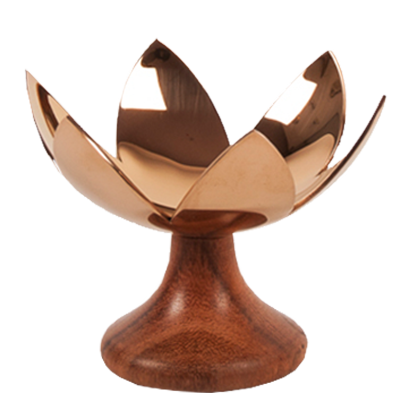 Decorative Lotus Blossom - Rose Gold tealight holder with wooden base and copper top on a white background