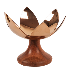 Decorative Lotus Blossom - Rose Gold tealight holder with wooden base and copper top on a white background