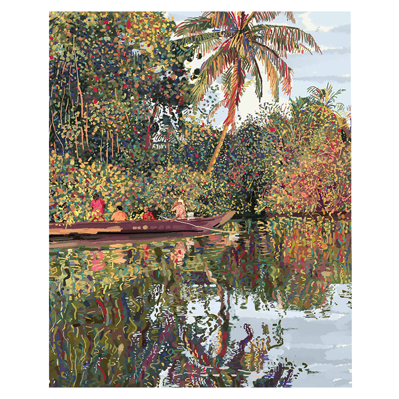 A vibrant, multicolored acrylic painting of a boat scene in a tropical setting, with lush greenery and brightly colored foliage.