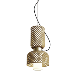A contemporary pendant lamp with a bamboo ceiling cap and a linen fabric shade, featuring a brass finished steel cable and a matte black ceiling cap.