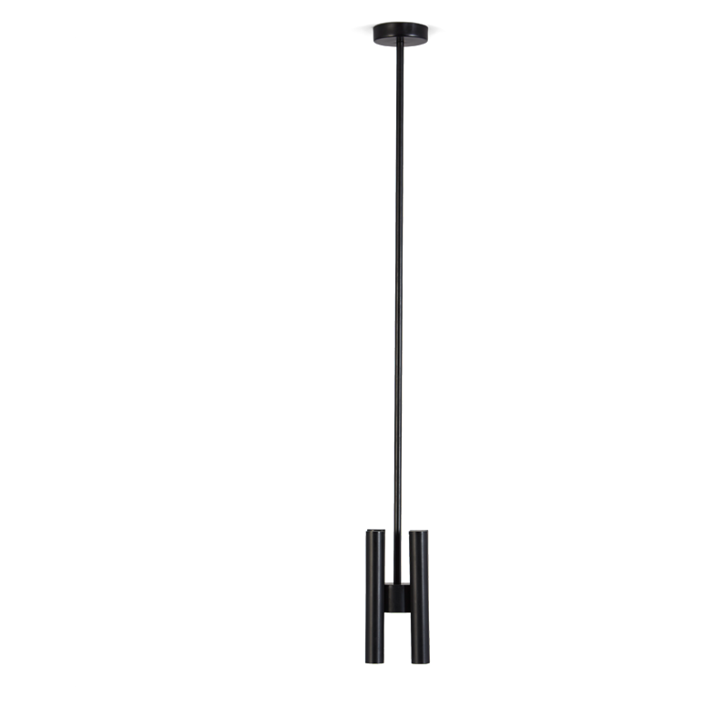 A pendant lamp with a black structure and multiple tubes, with a bulb at the top.