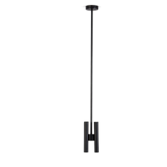 A pendant lamp with a black structure and multiple tubes, with a bulb at the top.