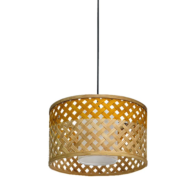 ceiling pendant lamps with a woven design in beige and yellow color, hanging from black cable