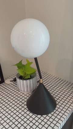 Black Esferra Table Lamp Video showing conical base and a spherical lampshade