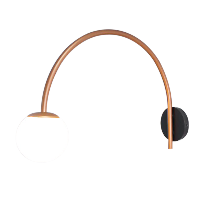 Curve arc LED wall lamp mounted with a copper-colored iron arm and a white frosted shade creating cozy ambience