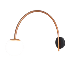 Curve arc LED wall lamp mounted with a copper-colored iron arm and a white frosted shade creating cozy ambience