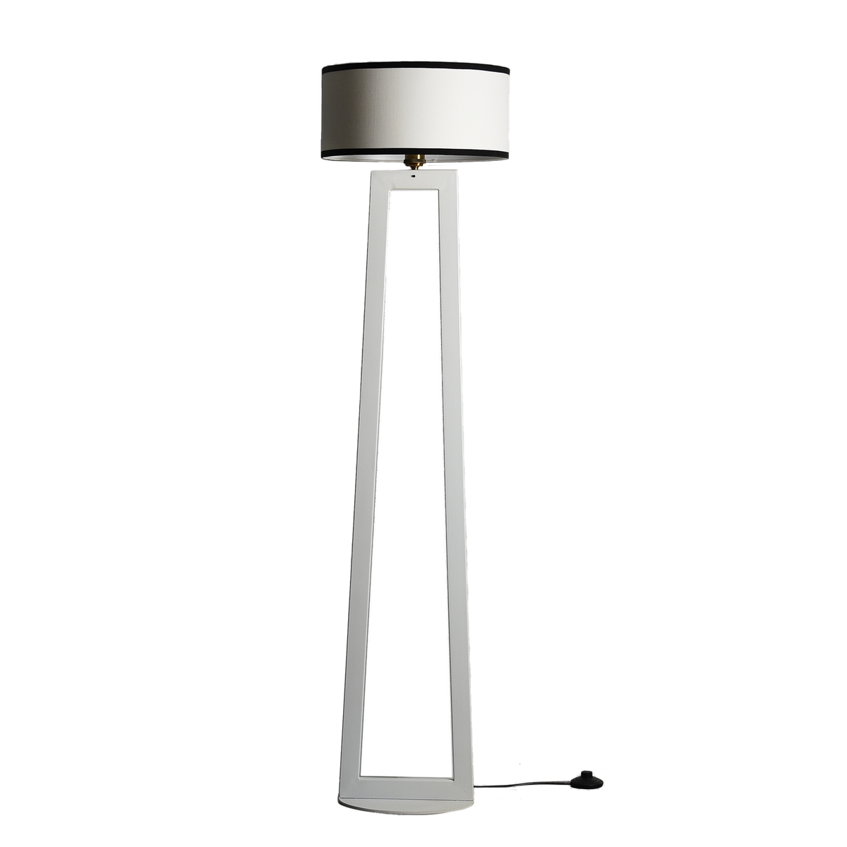 A tall white floor lamp with a geometric parallel frame and an oval base, featuring a footswitch on the base and a brass antique holder.