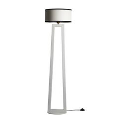 A tall white floor lamp with a geometric parallel frame and an oval base, featuring a footswitch on the base and a brass antique holder.