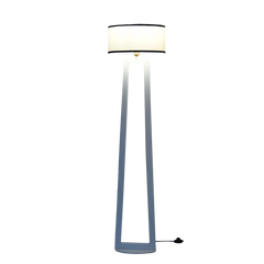 A tall minimalist white floor lamp with warm lighting
