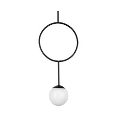 A pendant lamp with a opal glass globe and a black ring with powder-coated aluminium. The lamp is hanging and has a warm white light.