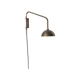 Float One Arm Wall Sconce Brass Dome, curved brass arm with dome-shaped shade, mounted on wall