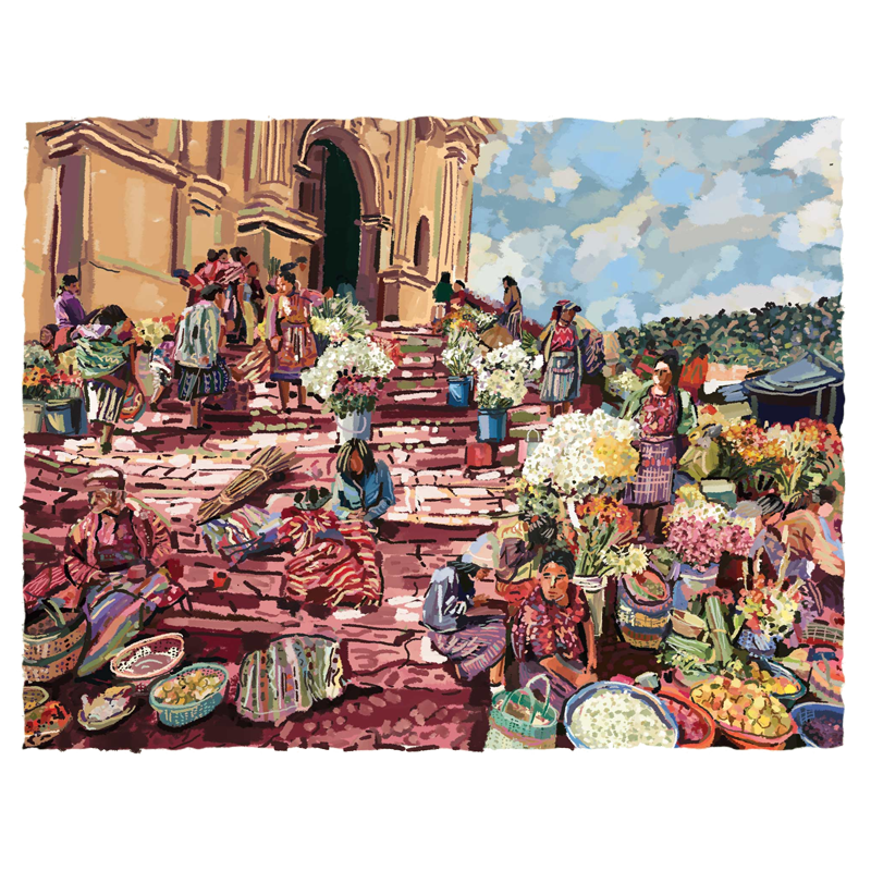 Colorful art painting depicting a lively market scene with people and stalls in front of a building.
