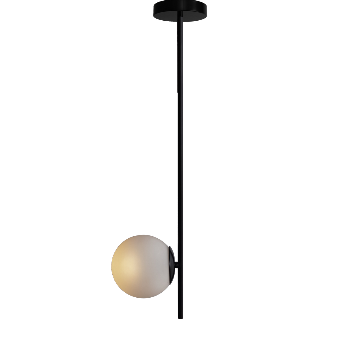 A black ceiling-mounted pendant lamp with a frosted white glass globe shade.