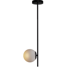 A black ceiling-mounted pendant lamp with a frosted white glass globe shade.