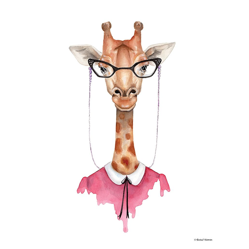 A whimsical illustration of a giraffe wearing glasses and a red dress with a pink tie.