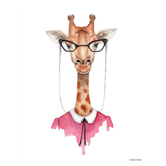 A whimsical illustration of a giraffe wearing glasses and a red dress with a pink tie.