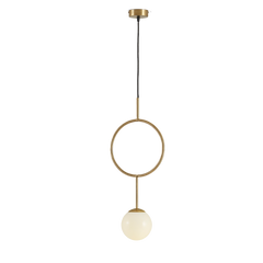 A contemporary pendant lamp with a gold-colored hoop and opal glass bulb, suspended from a sleek rod.