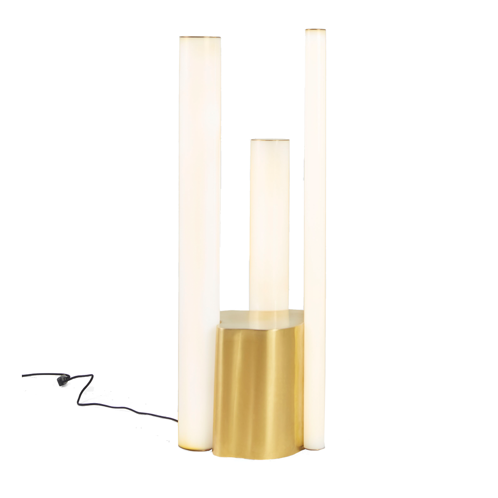 Pole Floor Lamp full view showing its stainless steel and acrylic asymmetrical pipe design