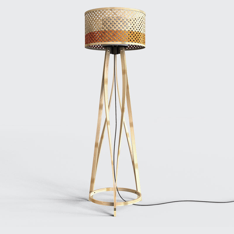 Mushroom Floor Lamp with the woven basket shade material and wooden stand
